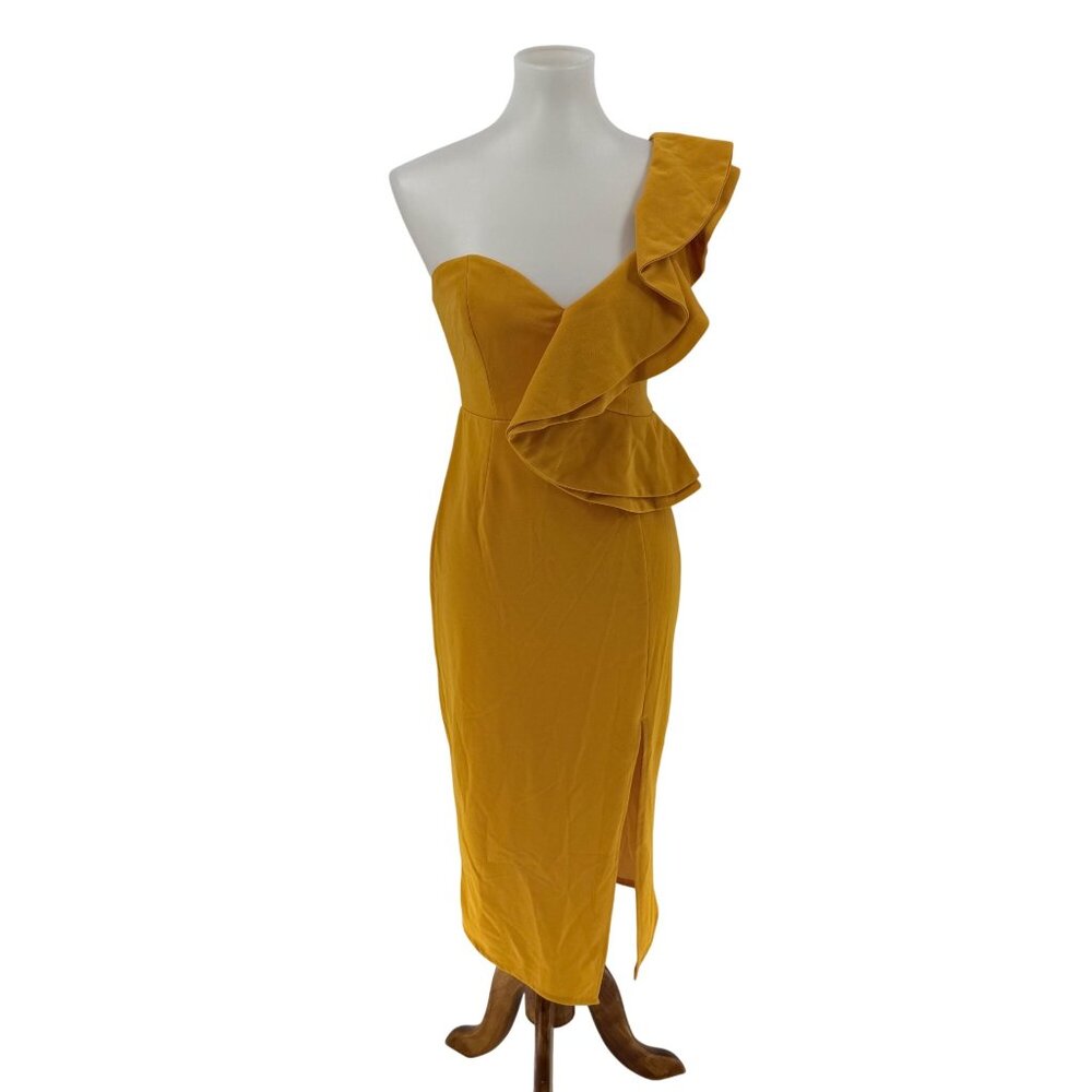 Hello Molly Yellow One-Shoulder Ruffle Midi Dress S Polyester Formal Partywear